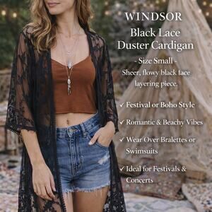 Womens Black Lace Duster Cardigan Whimsigoth Gothic Gypsy Fairycore Topper